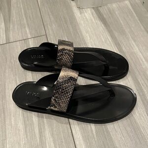 Vince Black and Tan Snake Print Leather Sandals